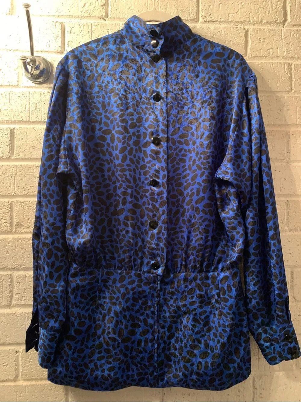 Louis Feraud Blue and Black Long-Sleeve Patterned Blouse